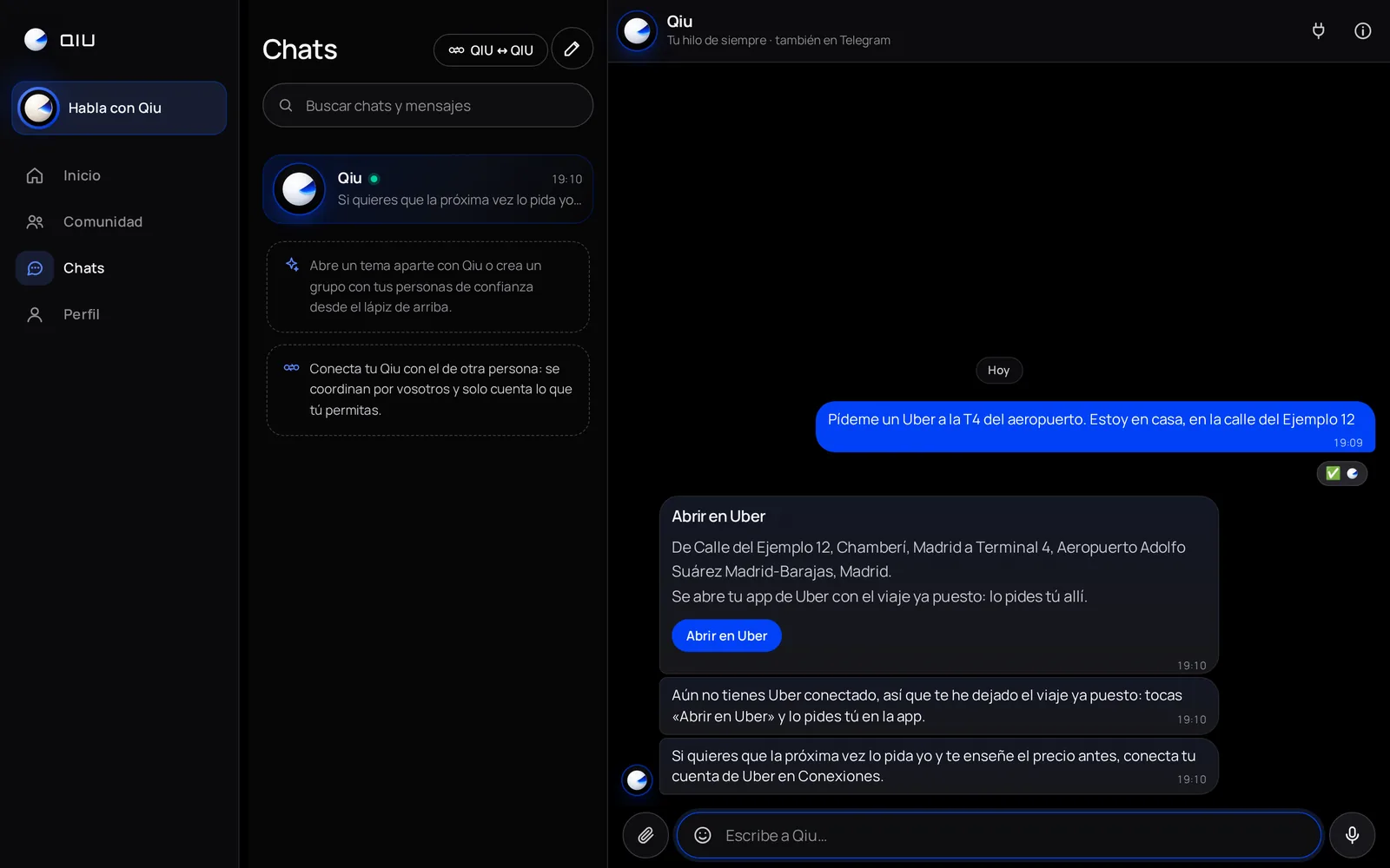 Si aún no has conectado tu cuenta de Uber, o prefieres pedirlo tú, Qiu te deja un botón que abre la app de Uber con el viaje ya puesto. Lo pides y lo pagas tú allí.