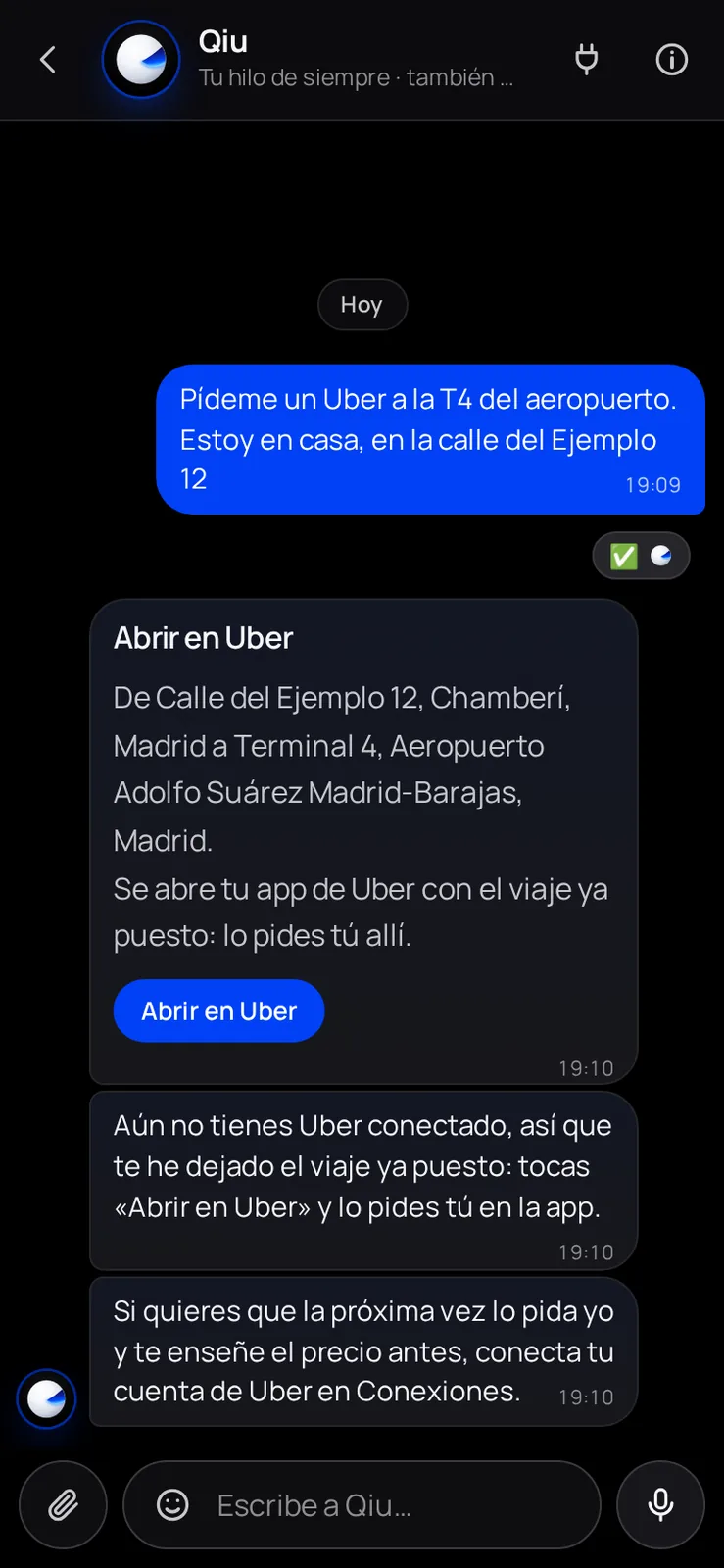 Si aún no has conectado tu cuenta de Uber, o prefieres pedirlo tú, Qiu te deja un botón que abre la app de Uber con el viaje ya puesto. Lo pides y lo pagas tú allí.