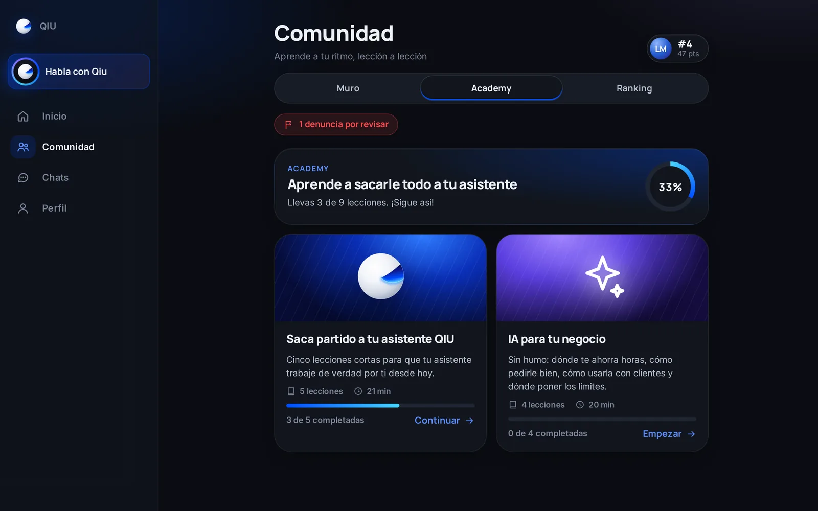 Cursos cortos para aprovechar tu asistente y usar la IA en tu negocio, con tu progreso siempre a la vista.
