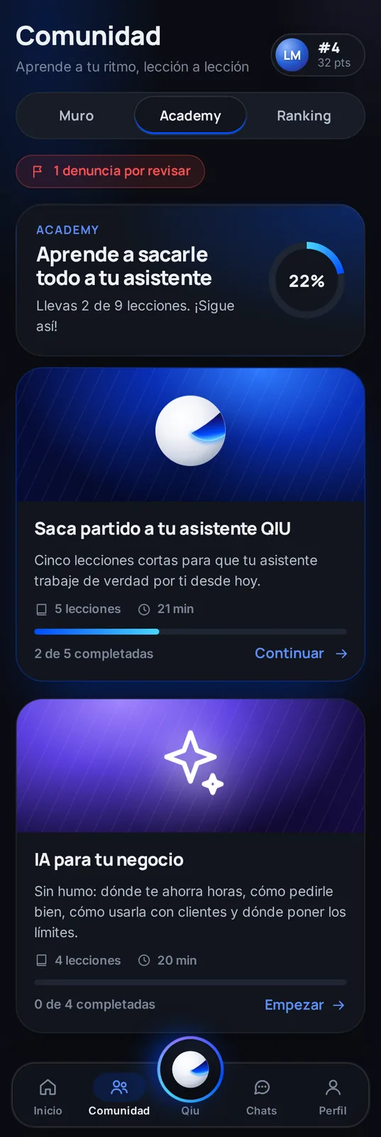 Cursos cortos para aprovechar tu asistente y usar la IA en tu negocio, con tu progreso siempre a la vista.