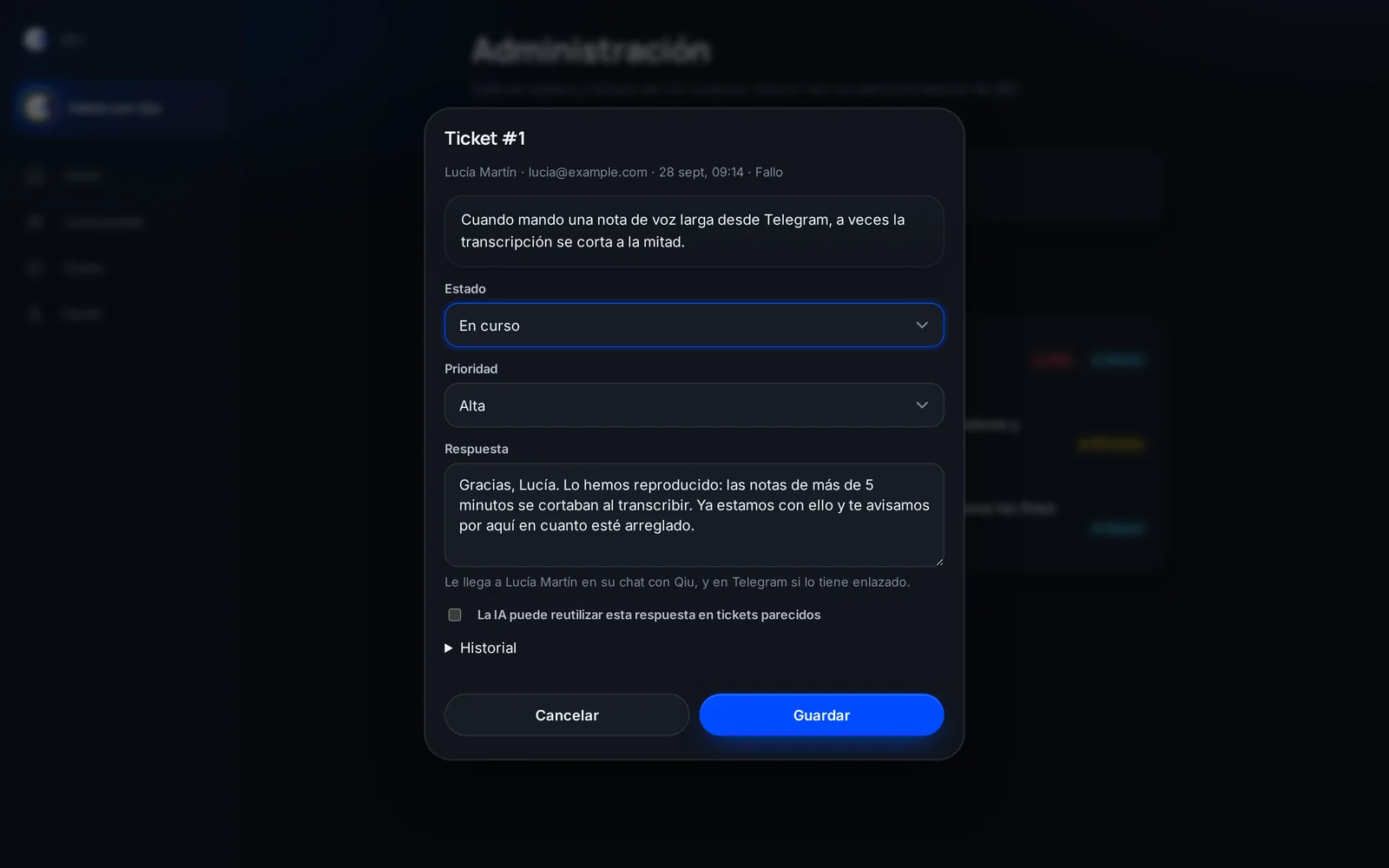 El equipo contesta cada ticket desde la app y la respuesta te llega en tu chat con Qiu.