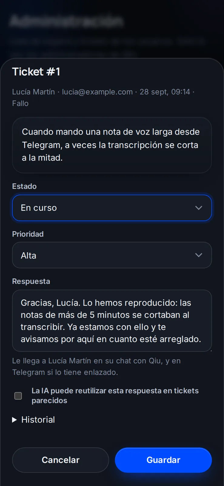 El equipo contesta cada ticket desde la app y la respuesta te llega en tu chat con Qiu.