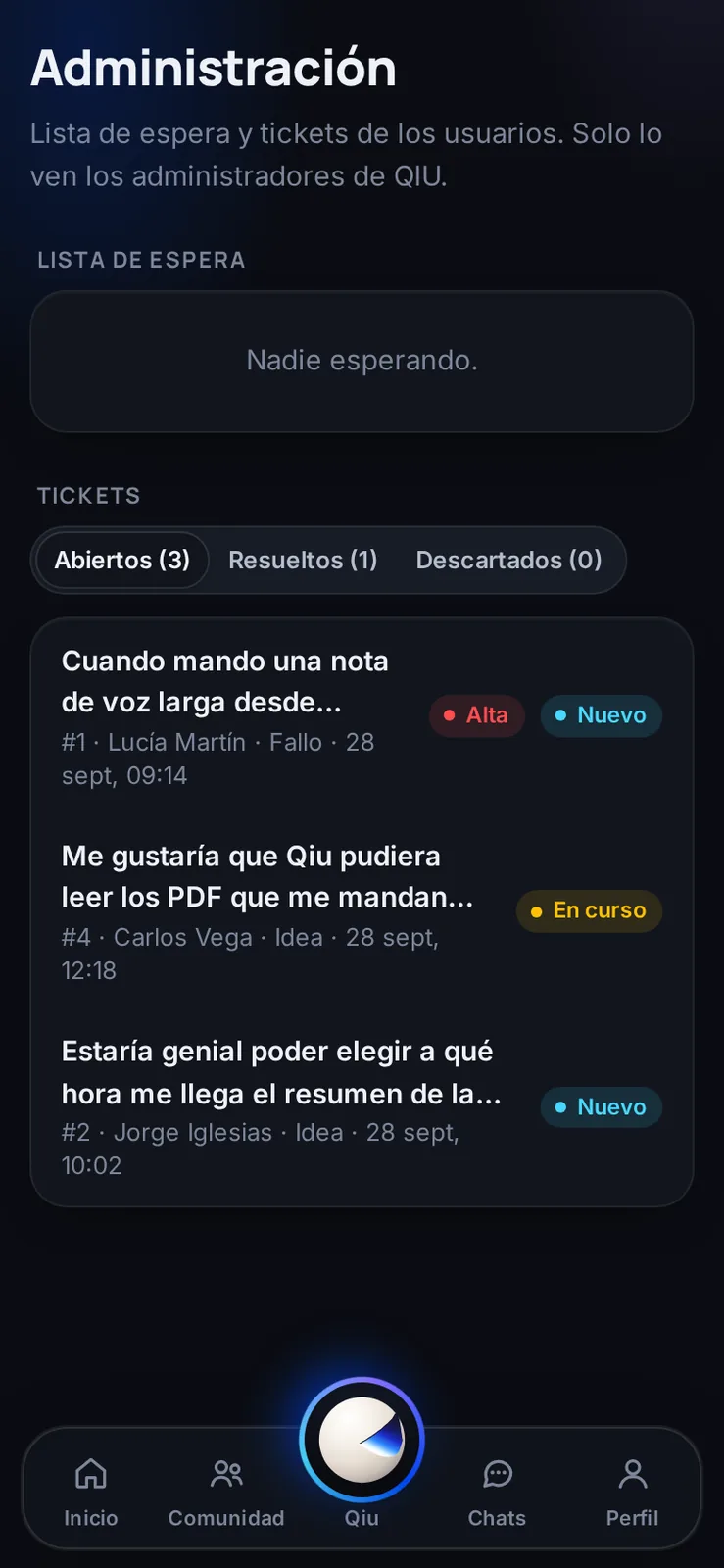 El equipo ve cada sugerencia clasificada por tipo y prioridad; las dudas sencillas se contestan solas al momento.