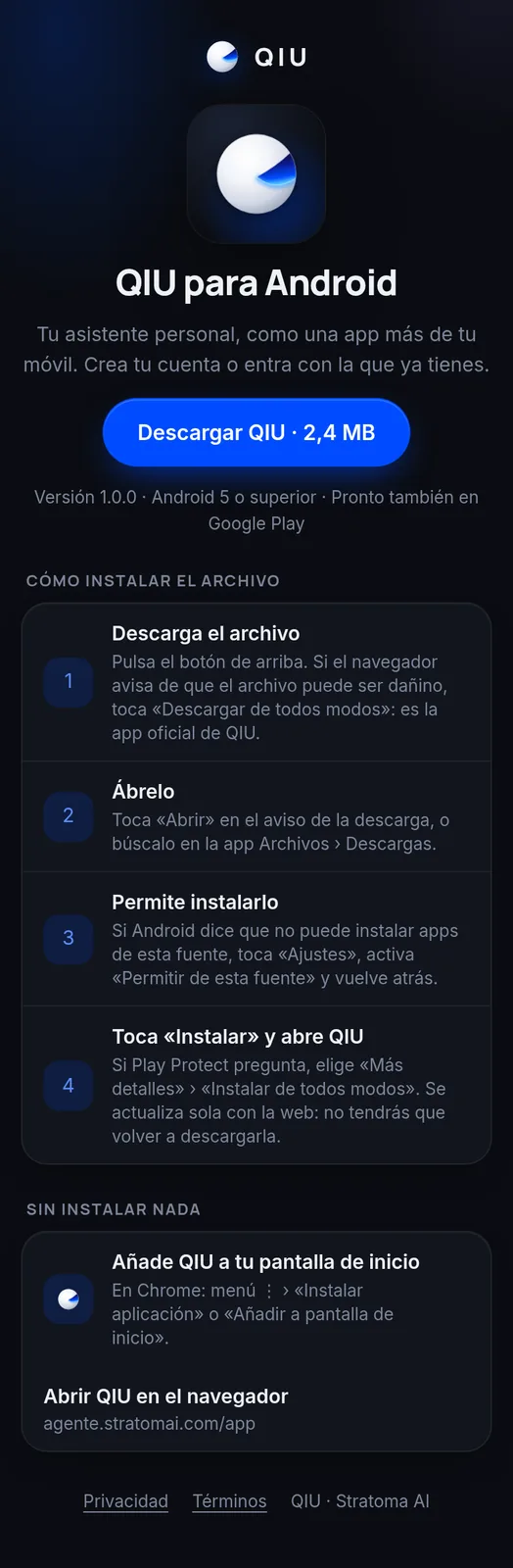 Descargas la app en tu móvil Android o la añades a la pantalla de inicio desde el navegador, sin instalar nada.