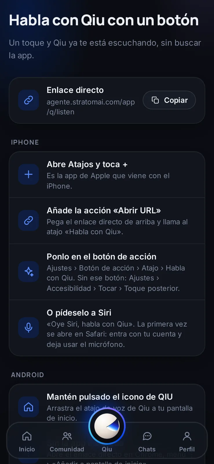 Pon Qiu en el botón de acción del iPhone, en Siri o en un icono de Android: un toque y ya te está escuchando.