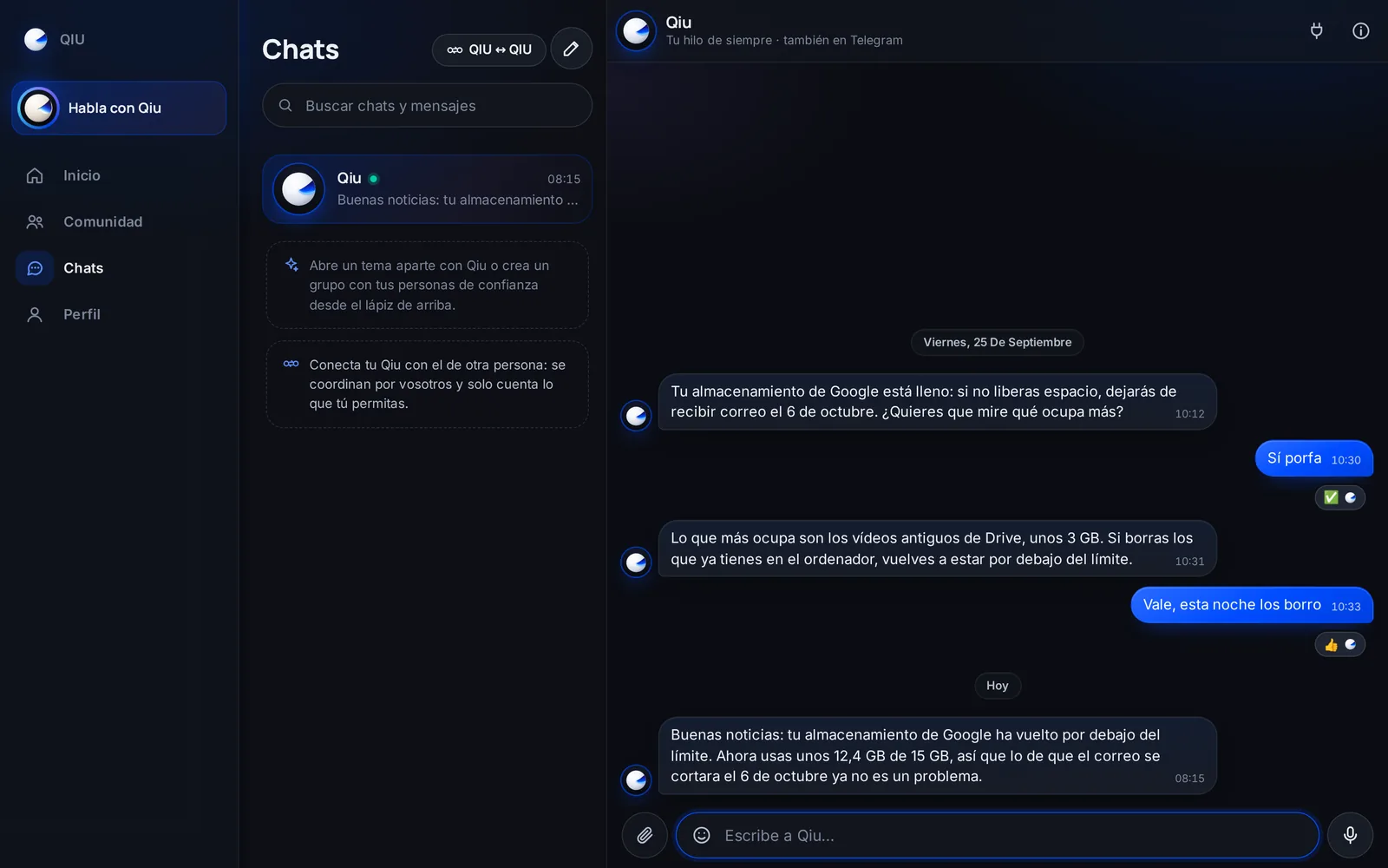 Qiu te avisa cuando una de tus cuentas tiene un problema, como el almacenamiento lleno, y te dice cuándo está resuelto, con los números reales.