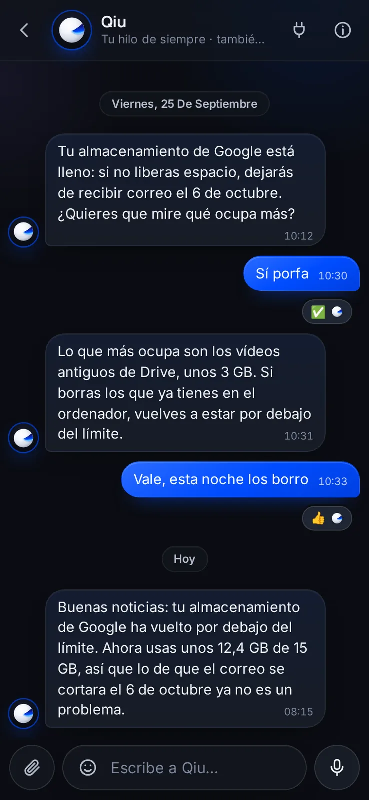 Qiu te avisa cuando una de tus cuentas tiene un problema, como el almacenamiento lleno, y te dice cuándo está resuelto, con los números reales.