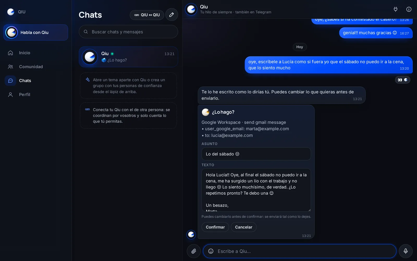 Antes de enviar un correo en tu nombre, Qiu te enseña el asunto y el texto. Cambias lo que quieras y se envía tal como lo dejes.