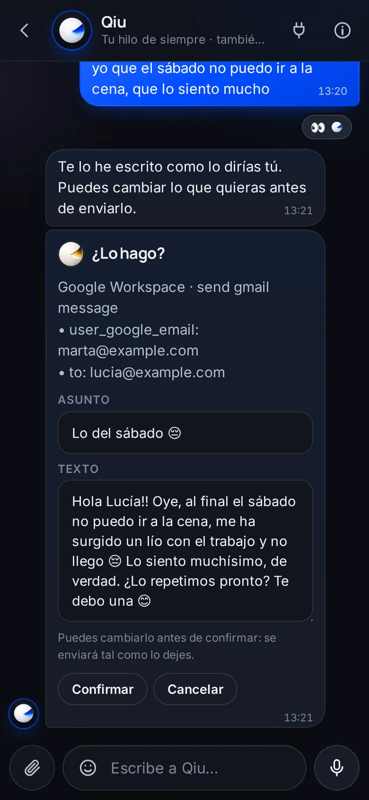 Antes de enviar un correo en tu nombre, Qiu te enseña el asunto y el texto. Cambias lo que quieras y se envía tal como lo dejes.