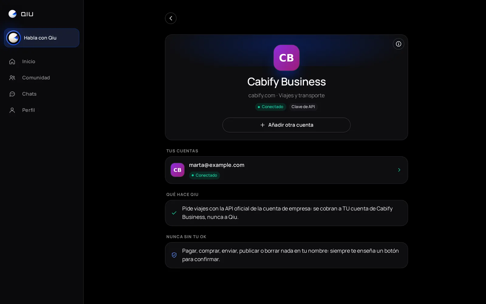 Conecta la cuenta de Cabify Business de tu empresa y Qiu pide los viajes por su API oficial: se cobran a la cuenta de la empresa, nunca a Qiu, y ninguno se pide sin tu OK.