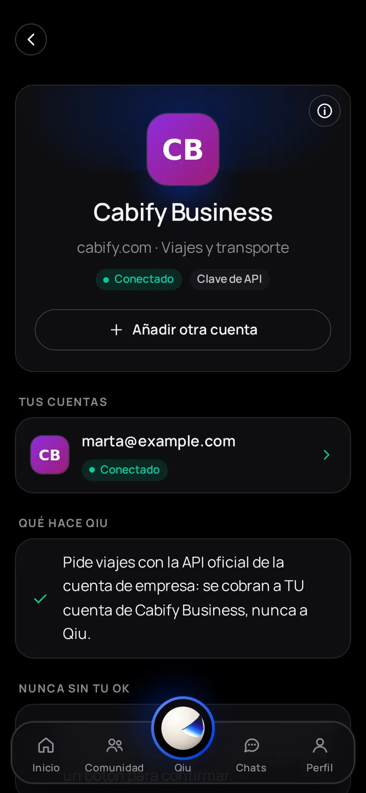 Conecta la cuenta de Cabify Business de tu empresa y Qiu pide los viajes por su API oficial: se cobran a la cuenta de la empresa, nunca a Qiu, y ninguno se pide sin tu OK.