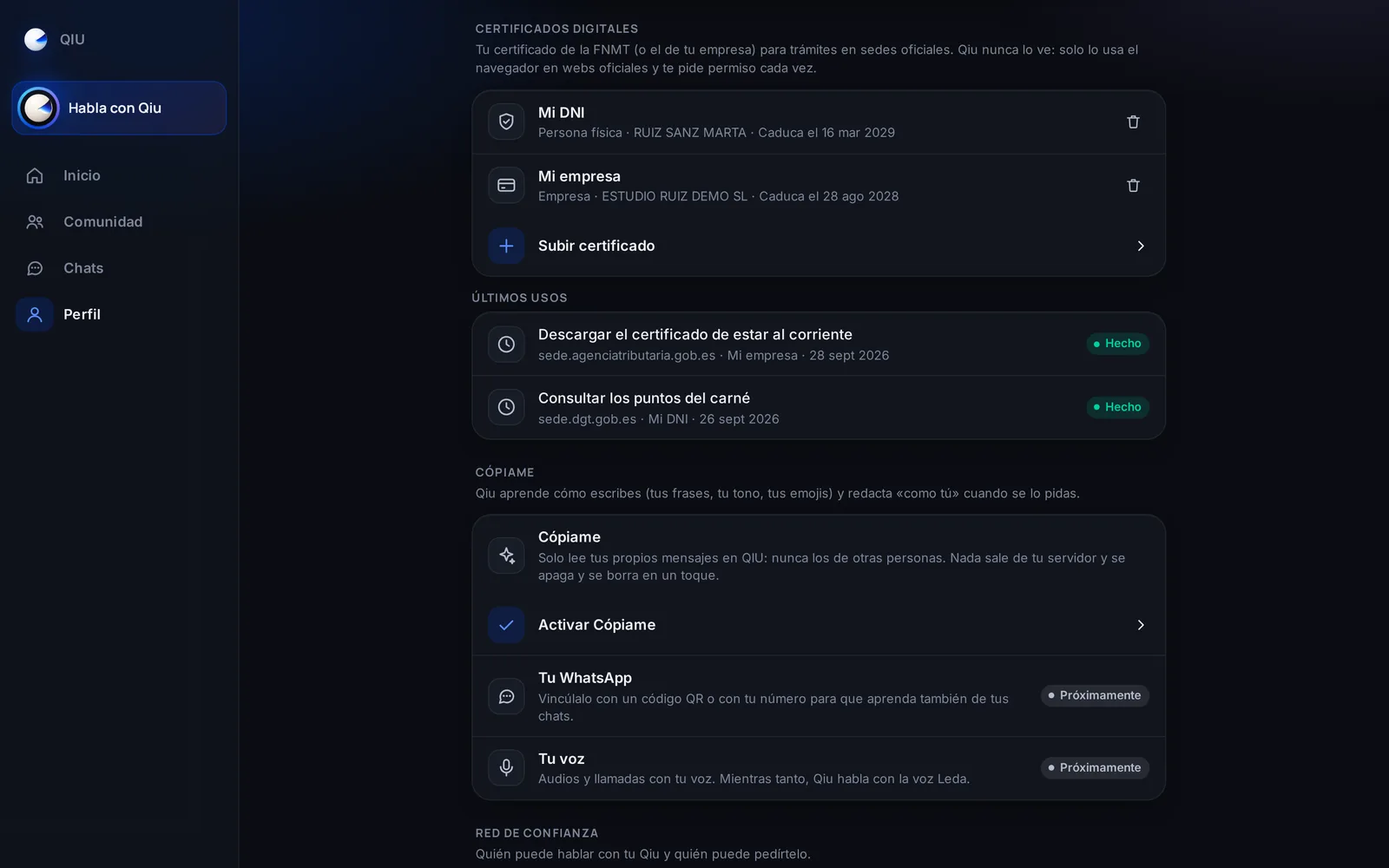 Guarda tu certificado de la FNMT, o el de tu empresa, para hacer trámites oficiales. Qiu nunca lo ve: solo lo usa el navegador en sedes oficiales y te pide permiso cada vez.