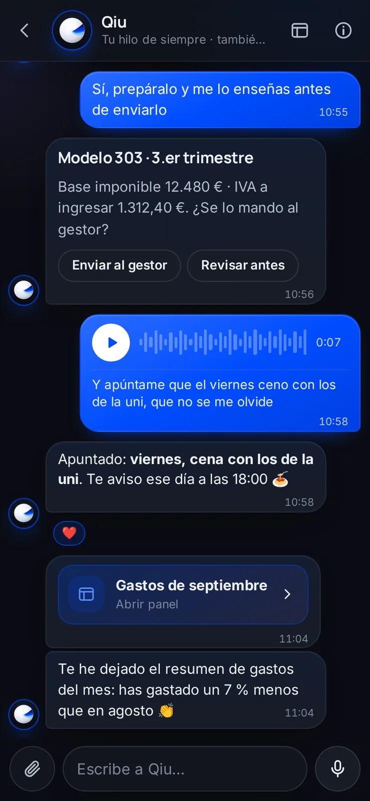 Te calcula el modelo 303 y pregunta si se lo manda a tu gestor, apunta lo que le dices en una nota de voz y te deja el resumen de gastos del mes.