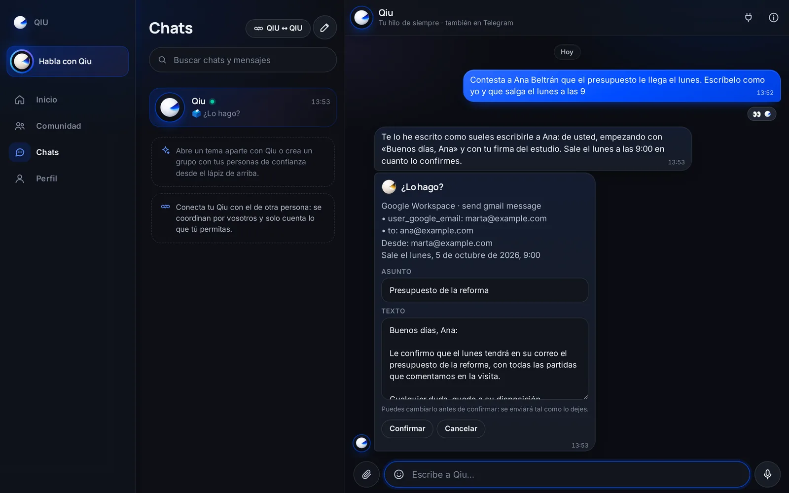 Qiu redacta el correo como sueles escribirle a esa persona, de tú o de usted y con tu firma. Lo retocas si quieres y lo programas: la tarjeta te dice desde qué cuenta sale y cuándo.