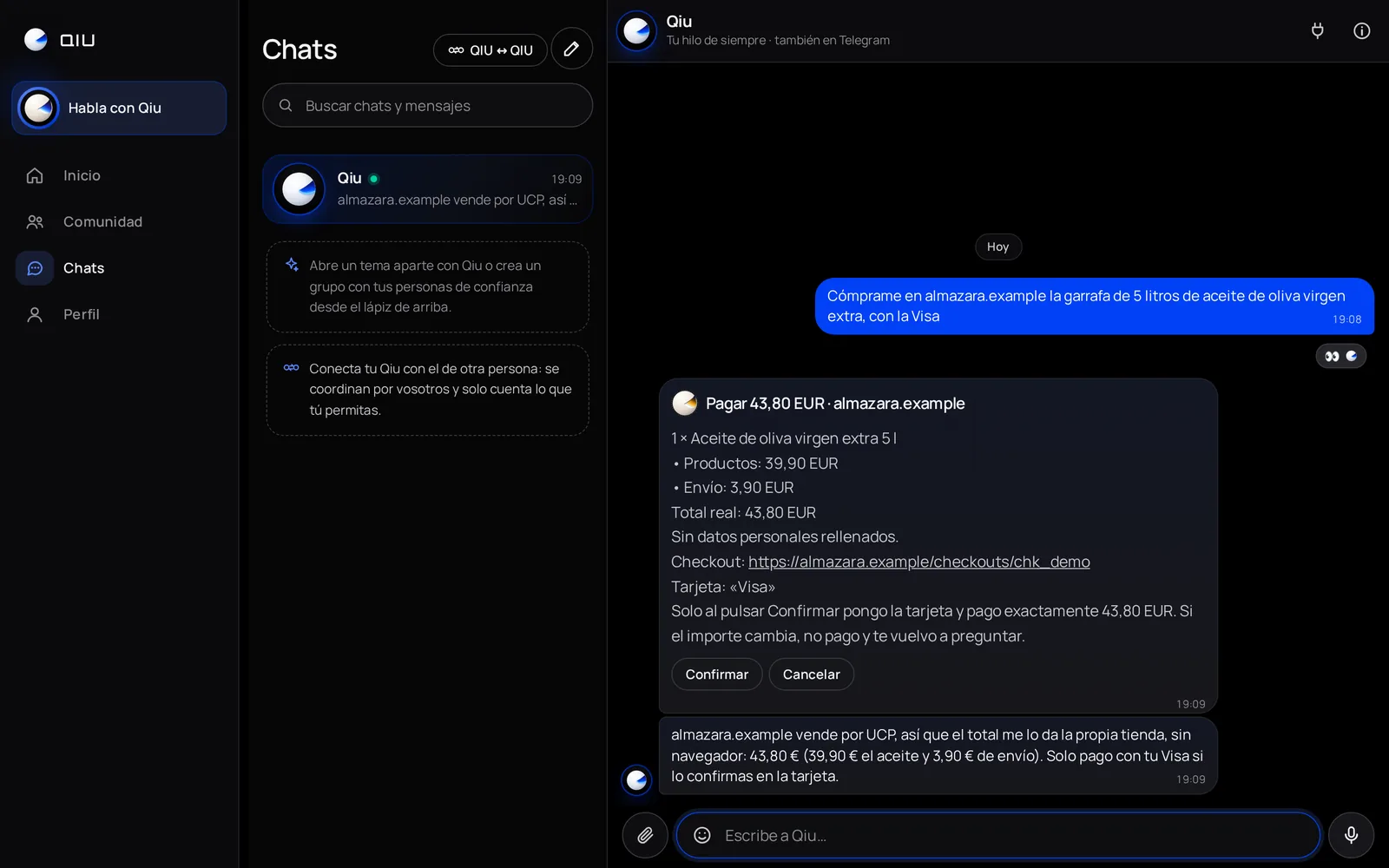 En las tiendas que publican UCP, Qiu no necesita navegador: la propia tienda le da el producto y el total real con el envío. Solo paga con tu tarjeta cuando confirmas ese importe.