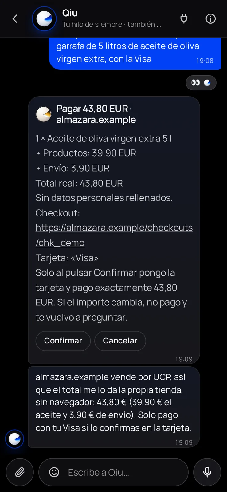 En las tiendas que publican UCP, Qiu no necesita navegador: la propia tienda le da el producto y el total real con el envío. Solo paga con tu tarjeta cuando confirmas ese importe.