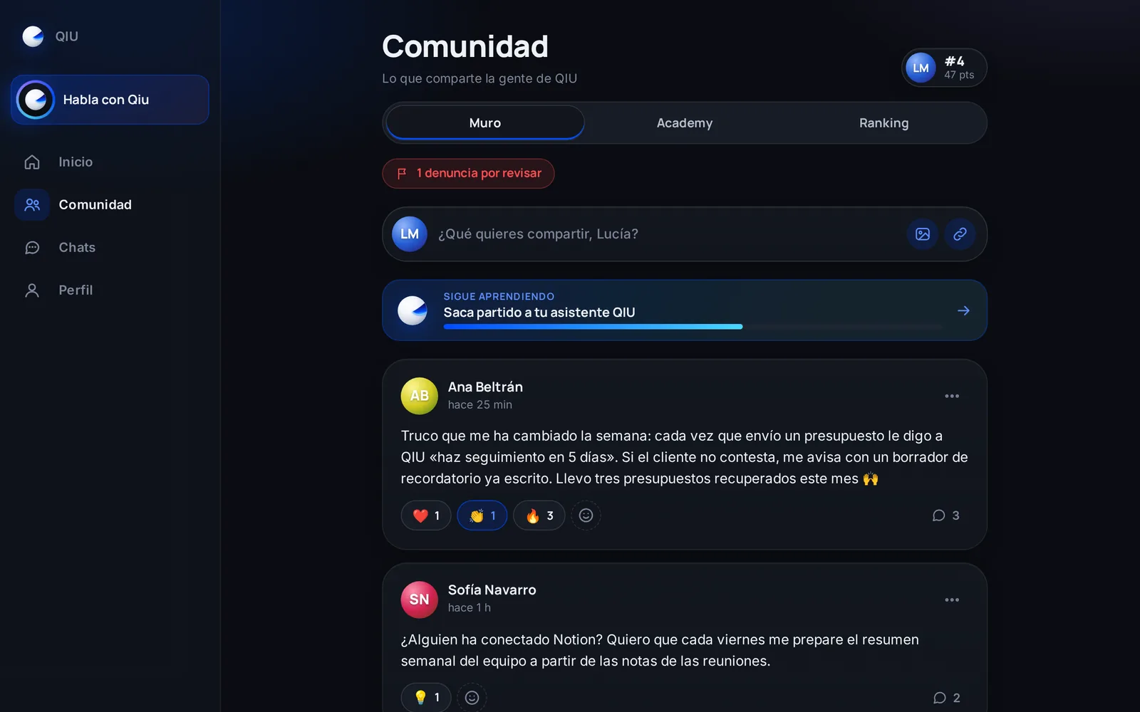 Un muro donde la gente comparte cómo le ayuda su asistente, con reacciones y comentarios.