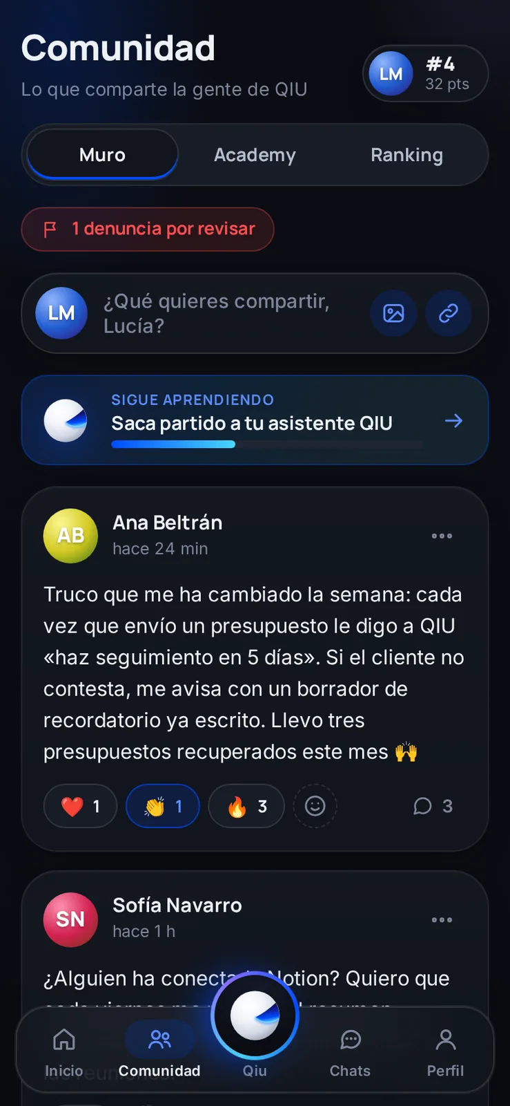 Un muro donde la gente comparte cómo le ayuda su asistente, con reacciones y comentarios.