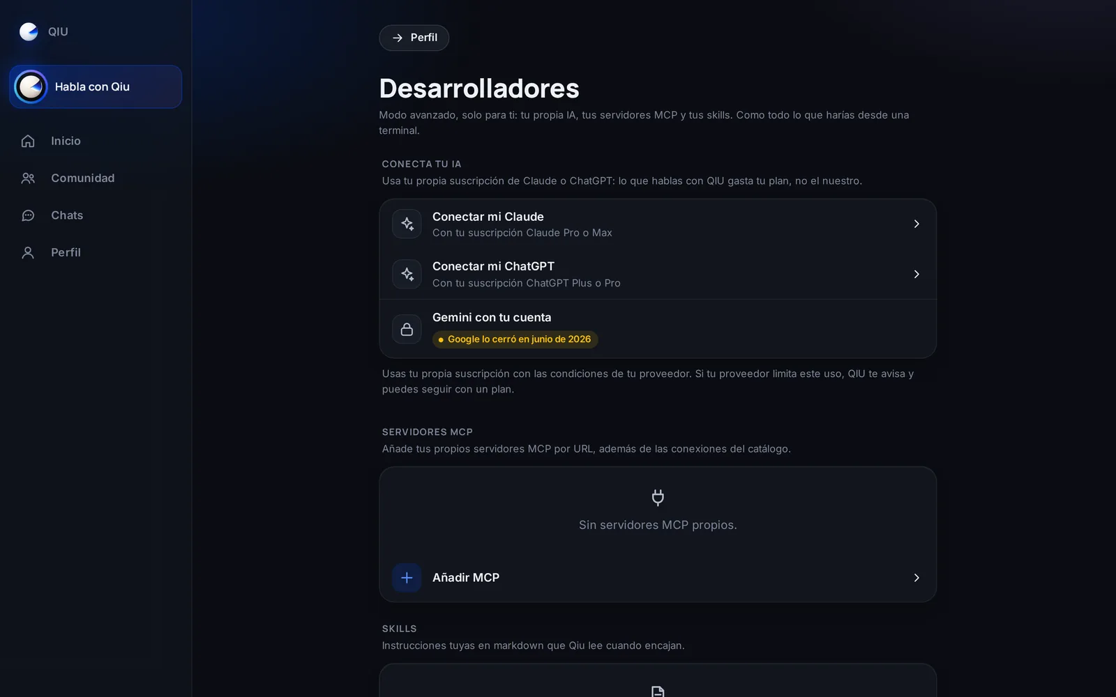 Conecta la suscripción que ya pagas y habla con Qiu sin límite de mensajes. Sin claves ni configuraciones técnicas.