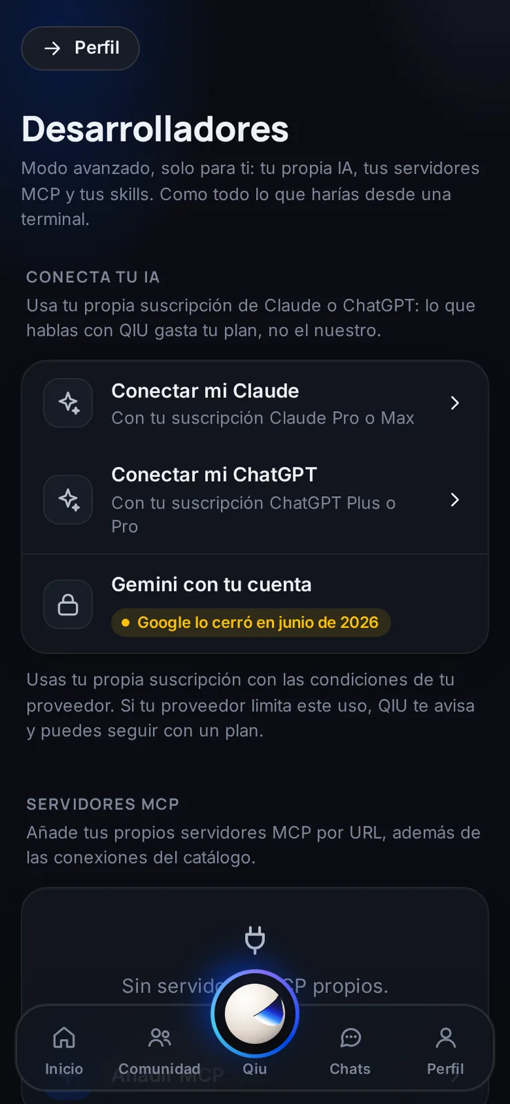 Conecta la suscripción que ya pagas y habla con Qiu sin límite de mensajes. Sin claves ni configuraciones técnicas.
