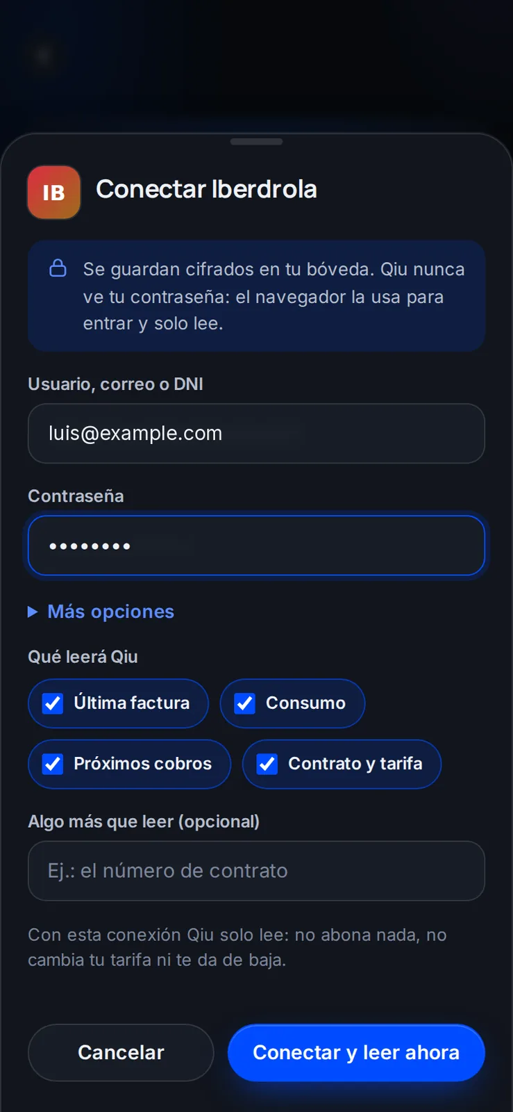 Marcas qué podrá consultar Qiu, como la última factura o los próximos cobros. La contraseña se guarda cifrada en tu bóveda y Qiu nunca la ve. Ejemplo ilustrativo con datos de demostración.