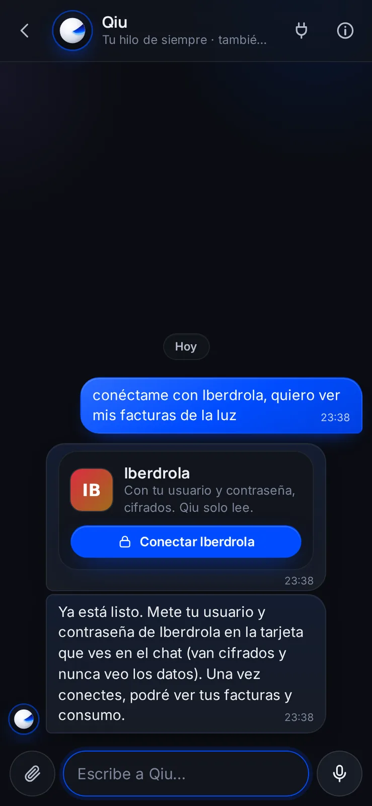 «Conéctame con Iberdrola, quiero ver mis facturas»: Qiu te muestra la tarjeta para conectar y te explica qué podrá hacer. Ejemplo ilustrativo con datos de demostración.