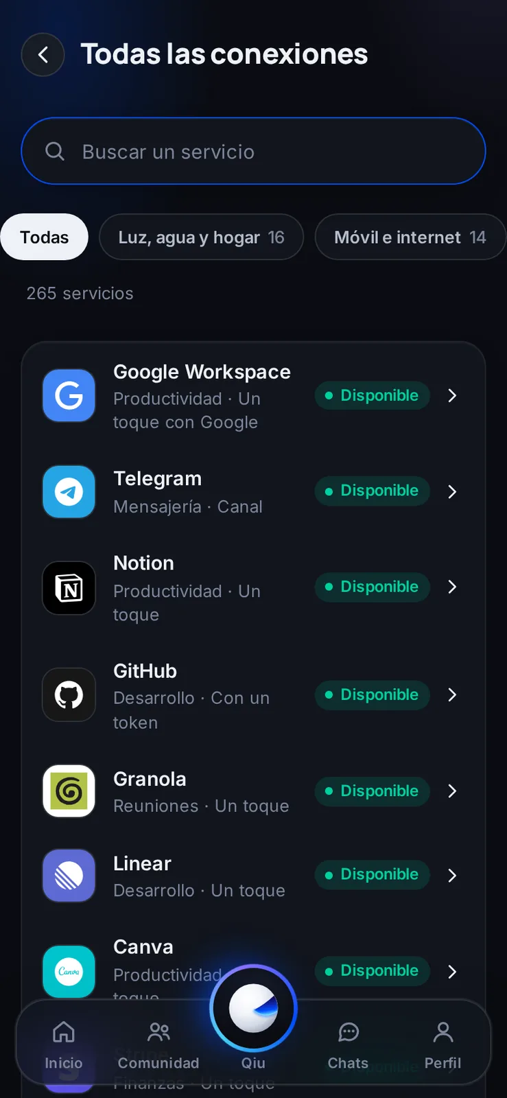 Busca tu servicio por nombre o por categoría, como luz, agua, móvil o productividad, y conéctalo en un momento.