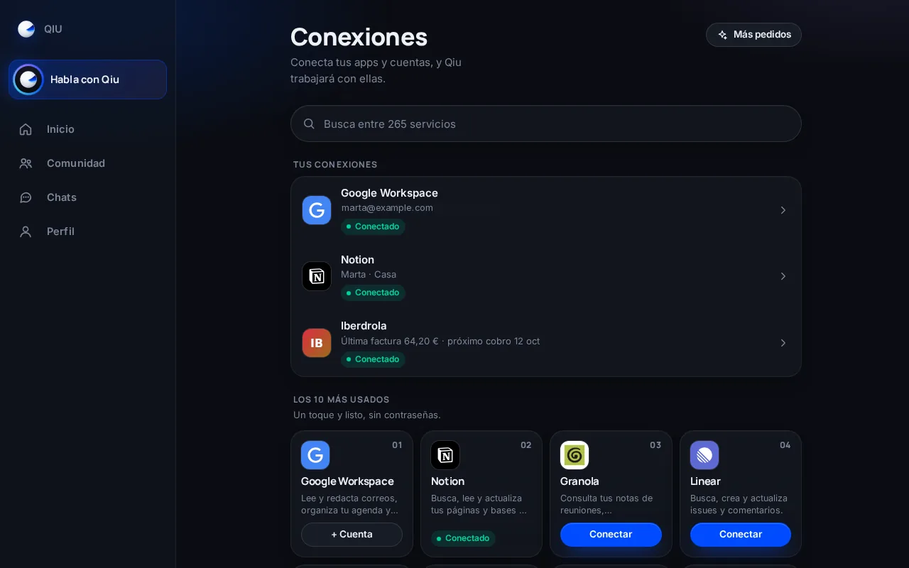 Google, Notion, tu compañía de la luz… Conectas lo que uses y Qiu trabaja con ello. Ves de un vistazo qué tienes conectado.