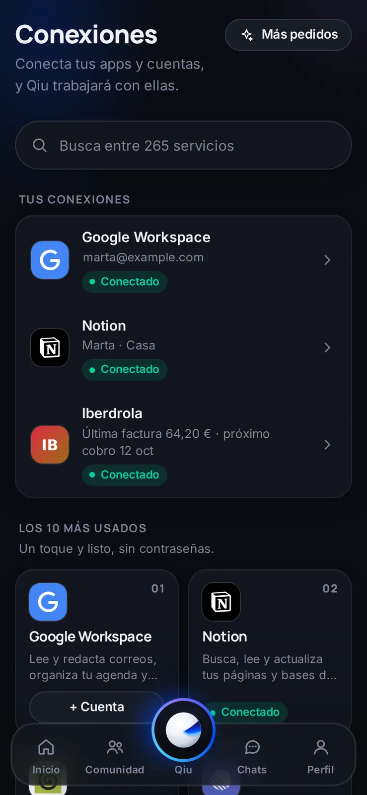 Google, Notion, tu compañía de la luz… Conectas lo que uses y Qiu trabaja con ello. Ves de un vistazo qué tienes conectado.