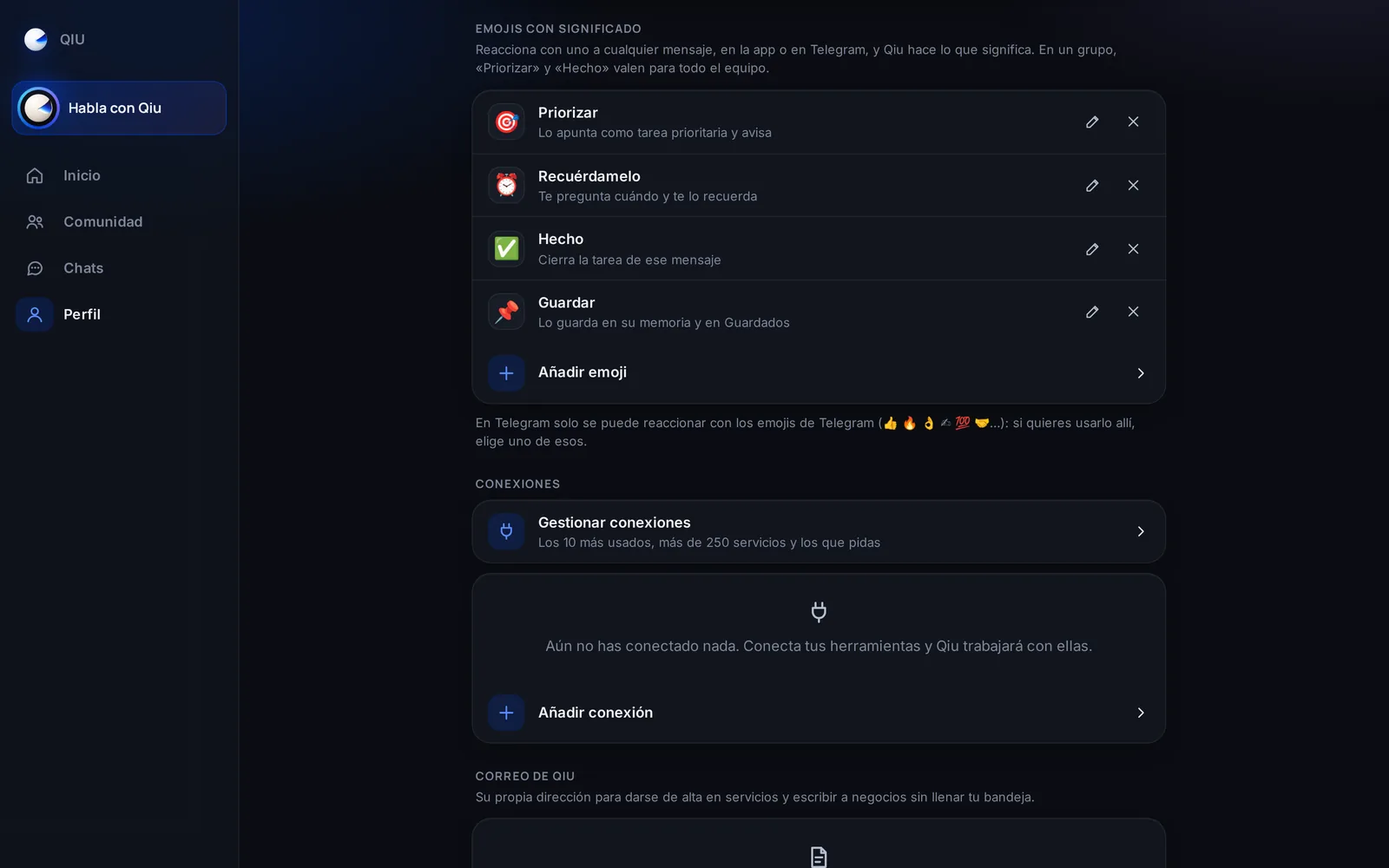 Decides qué hace Qiu cuando reaccionas con cada emoji: 🎯 priorizar, ⏰ recordártelo, ✅ darlo por hecho, 📌 guardarlo o lo que tú le expliques.