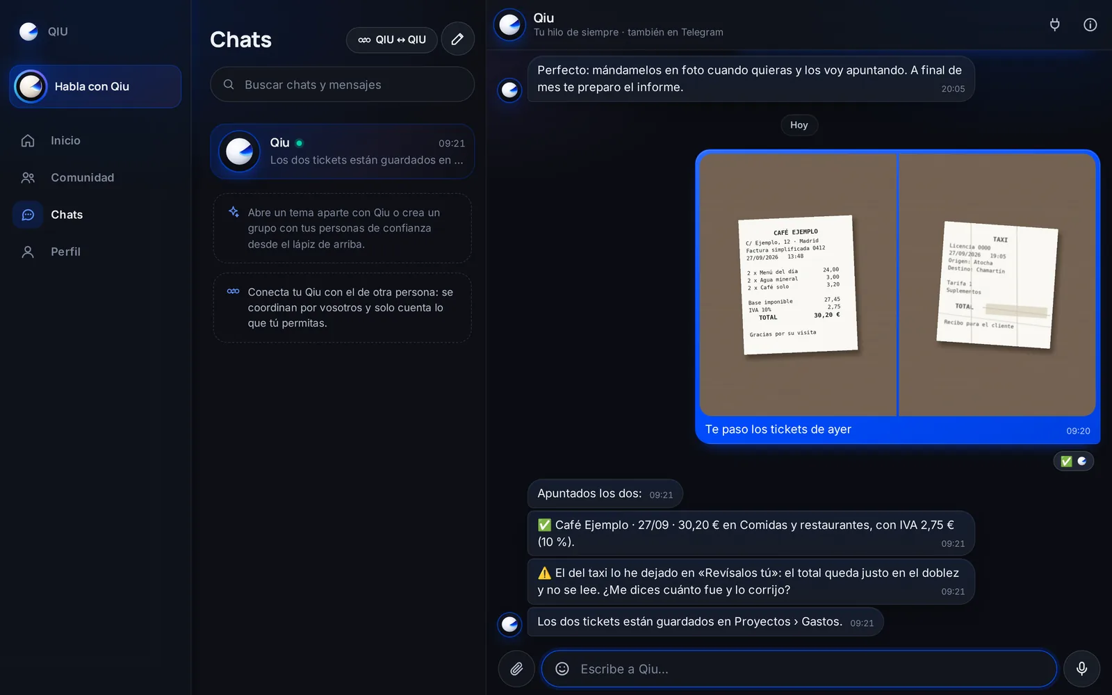 Mándale a Qiu la foto de tus tickets y los apunta con importe, categoría e IVA (solo si el ticket lo trae impreso). Lo que no se lee bien lo deja en «Revísalos tú» en vez de inventárselo.