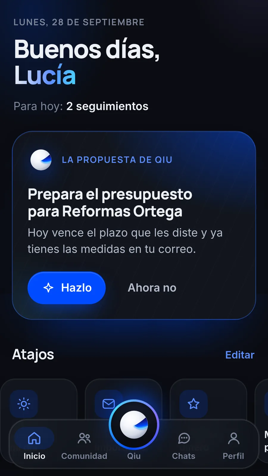 Al abrir la app, Qiu te dice qué tienes para hoy y te propone lo siguiente que conviene hacer. Un toque en «Hazlo» y se pone con ello.