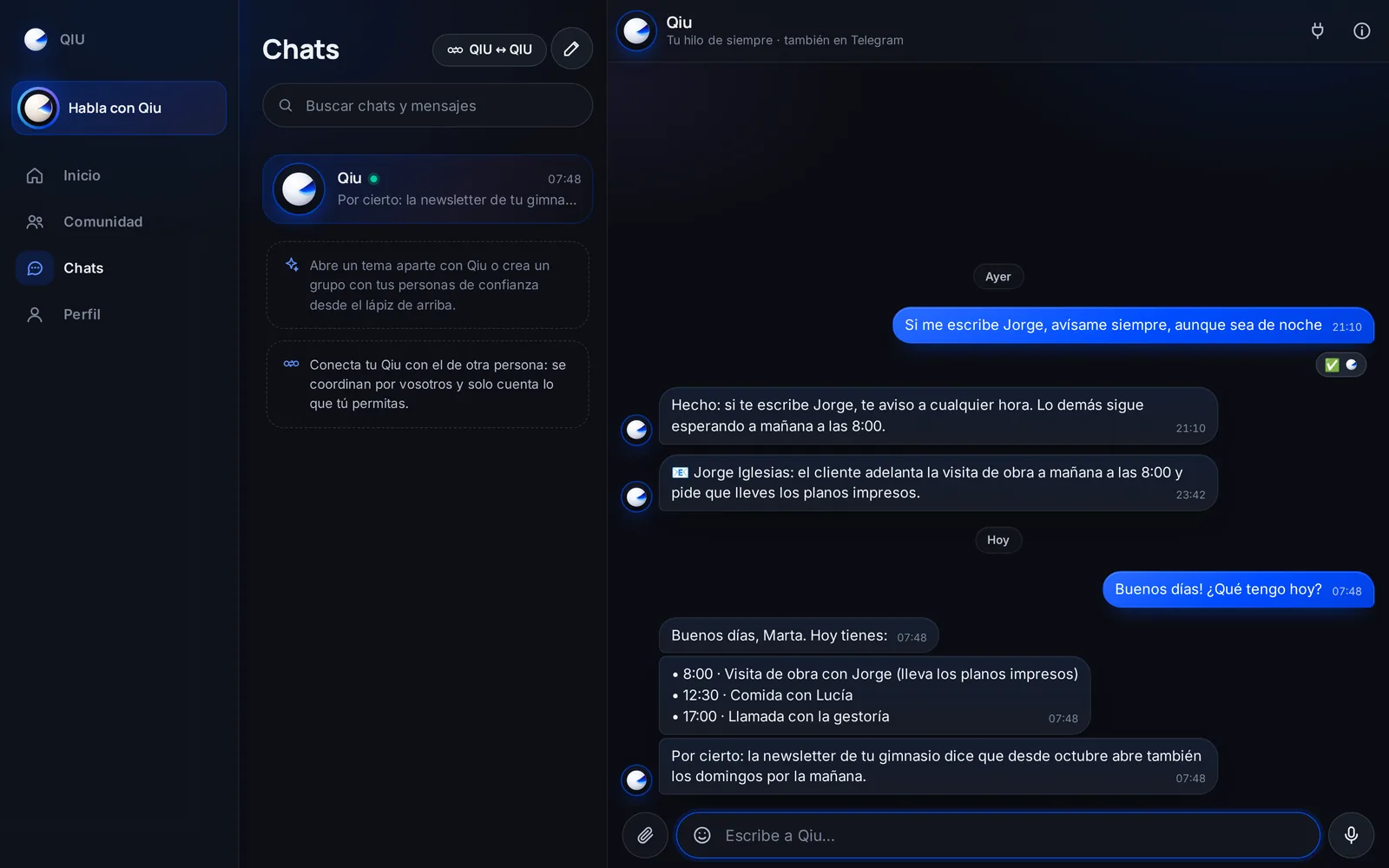 De noche Qiu no te escribe, salvo que sea urgente o de alguien que tú has dicho que siempre interrumpe. Lo que solo es curioso se lo guarda y te lo cuenta la próxima vez que habléis.