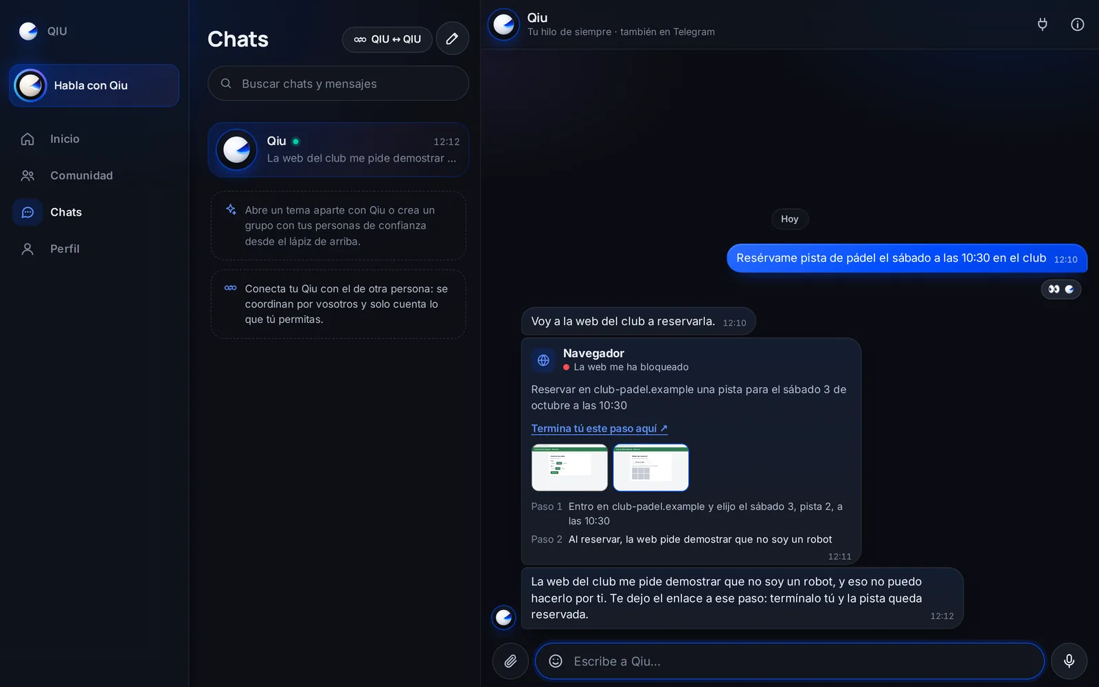 Si una web le pide demostrar que no es un robot, Qiu no insiste: se para y te deja el enlace a ese mismo paso para que lo termines tú.