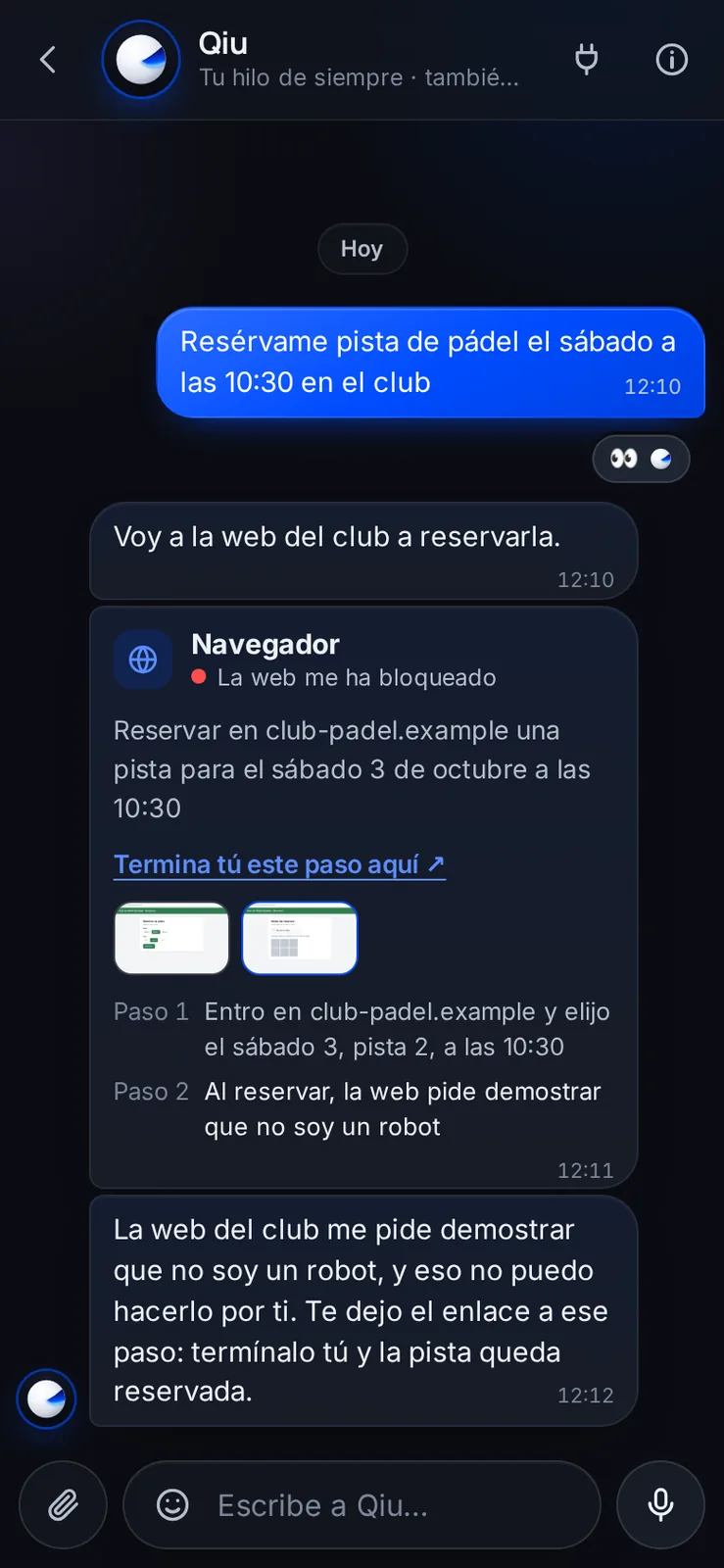 Si una web le pide demostrar que no es un robot, Qiu no insiste: se para y te deja el enlace a ese mismo paso para que lo termines tú.