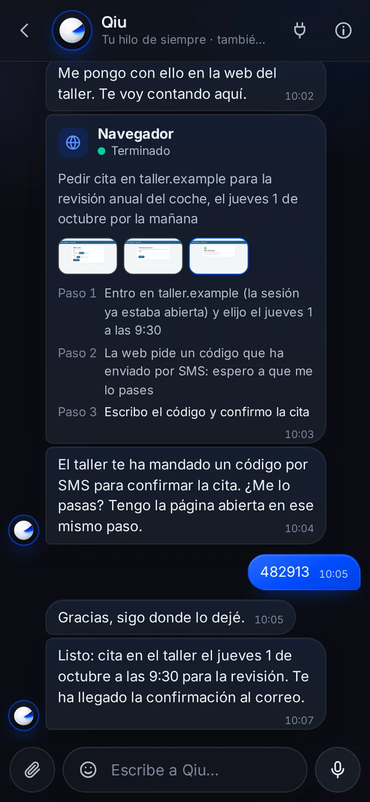 Cuando Qiu hace algo por ti en una web y le piden un código por SMS, te lo pide en el chat. Se lo pasas y sigue en el mismo paso, sin empezar de cero.