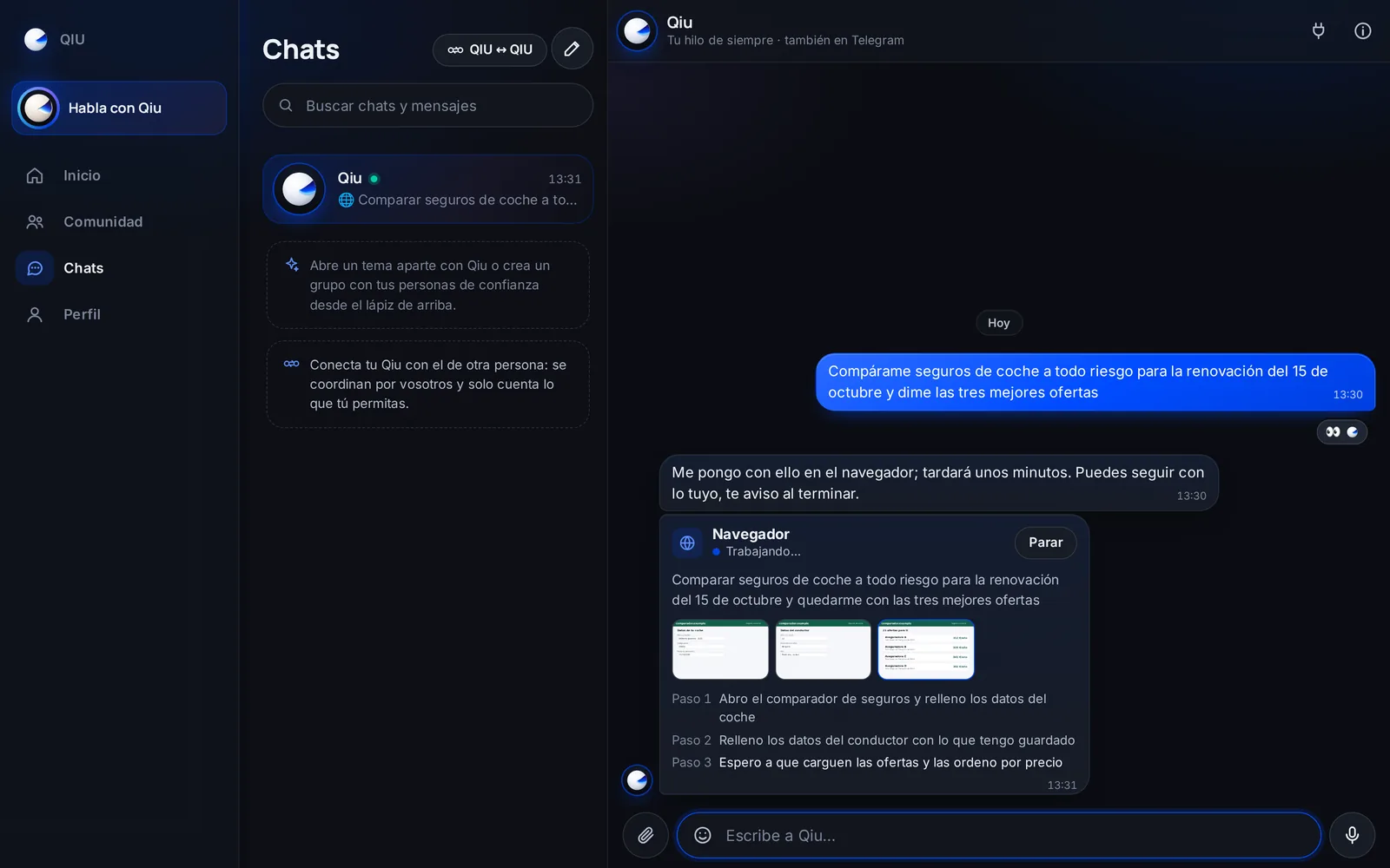 Cuando Qiu hace algo largo en una web, ves en directo cada paso con sus capturas, y puedes pararlo cuando quieras.
