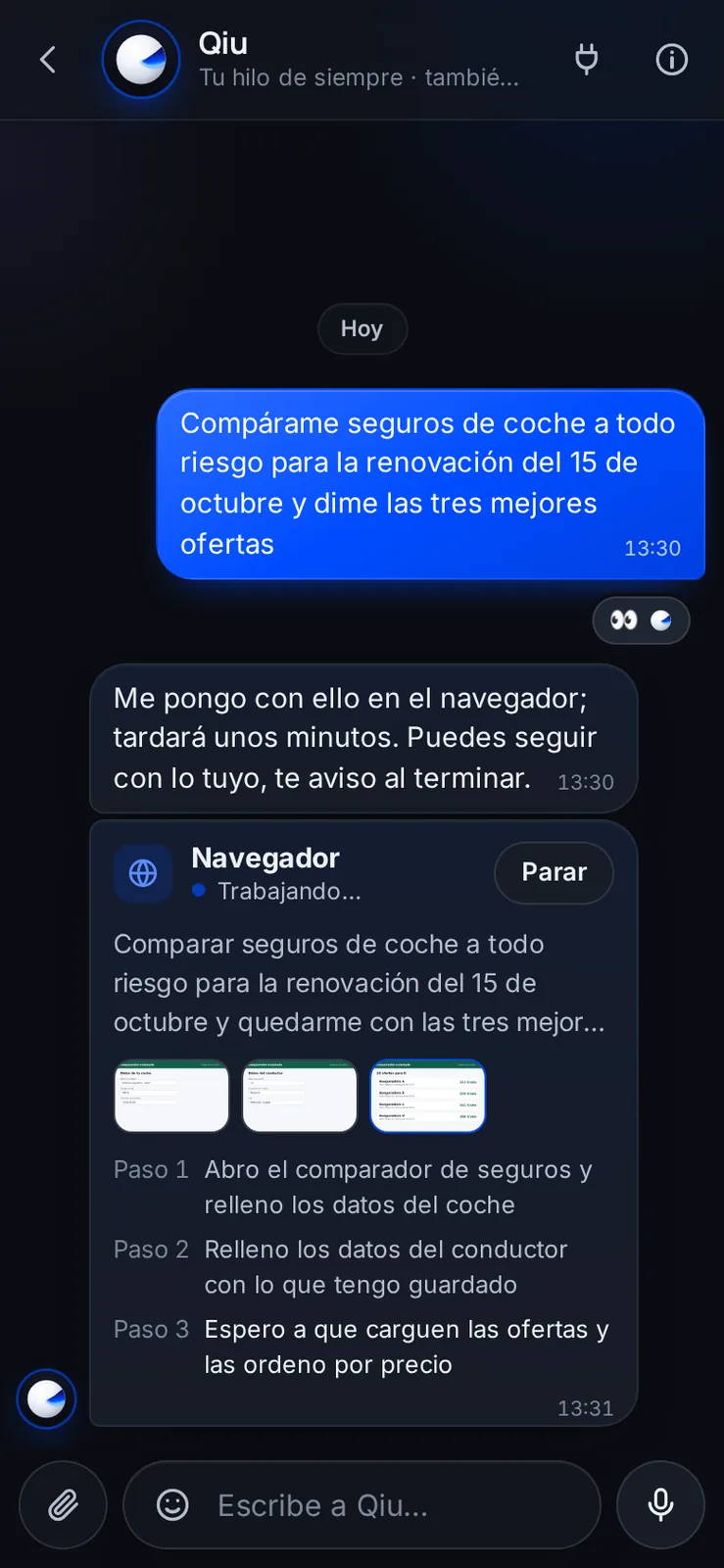 Cuando Qiu hace algo largo en una web, ves en directo cada paso con sus capturas, y puedes pararlo cuando quieras.