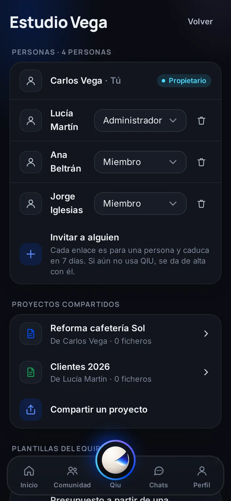 Invita a tu equipo, reparte roles y comparte proyectos y plantillas para que todos trabajéis igual con Qiu.