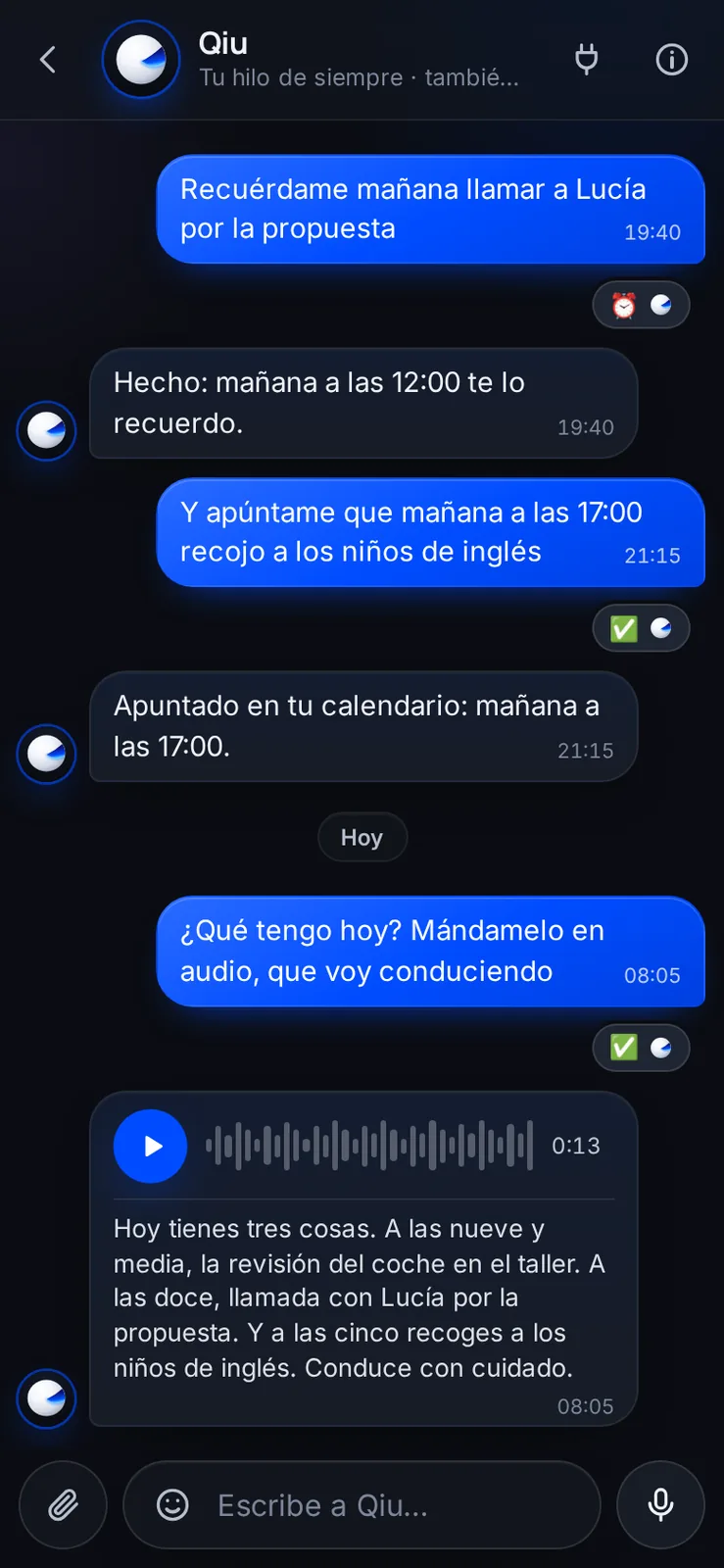 Si vas conduciendo o prefieres escucharlo, pídele la respuesta en audio: te manda una nota de voz con su transcripción debajo.