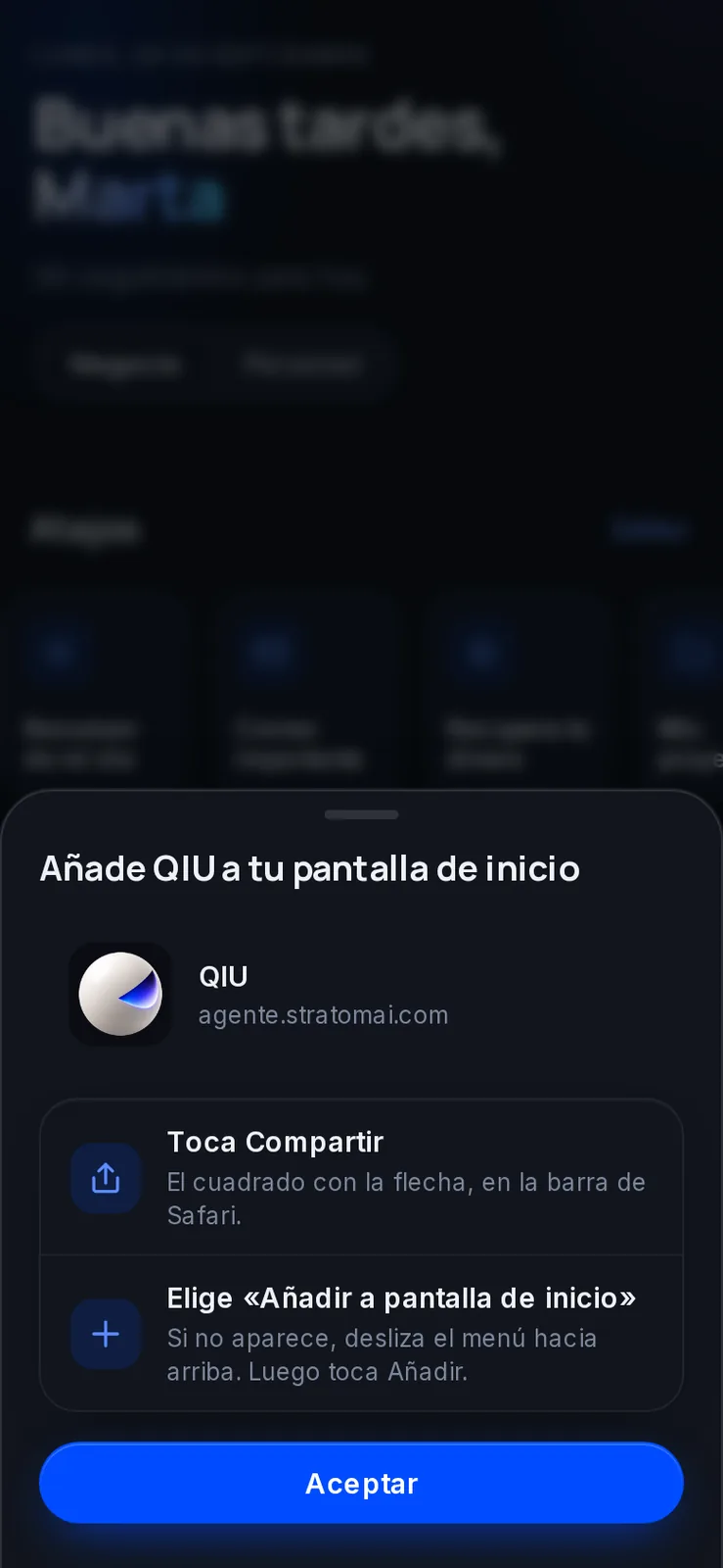Al terminar la bienvenida, QIU te enseña cómo dejarla en tu pantalla de inicio para abrirla como una app. En iPhone son dos pasos en Safari.