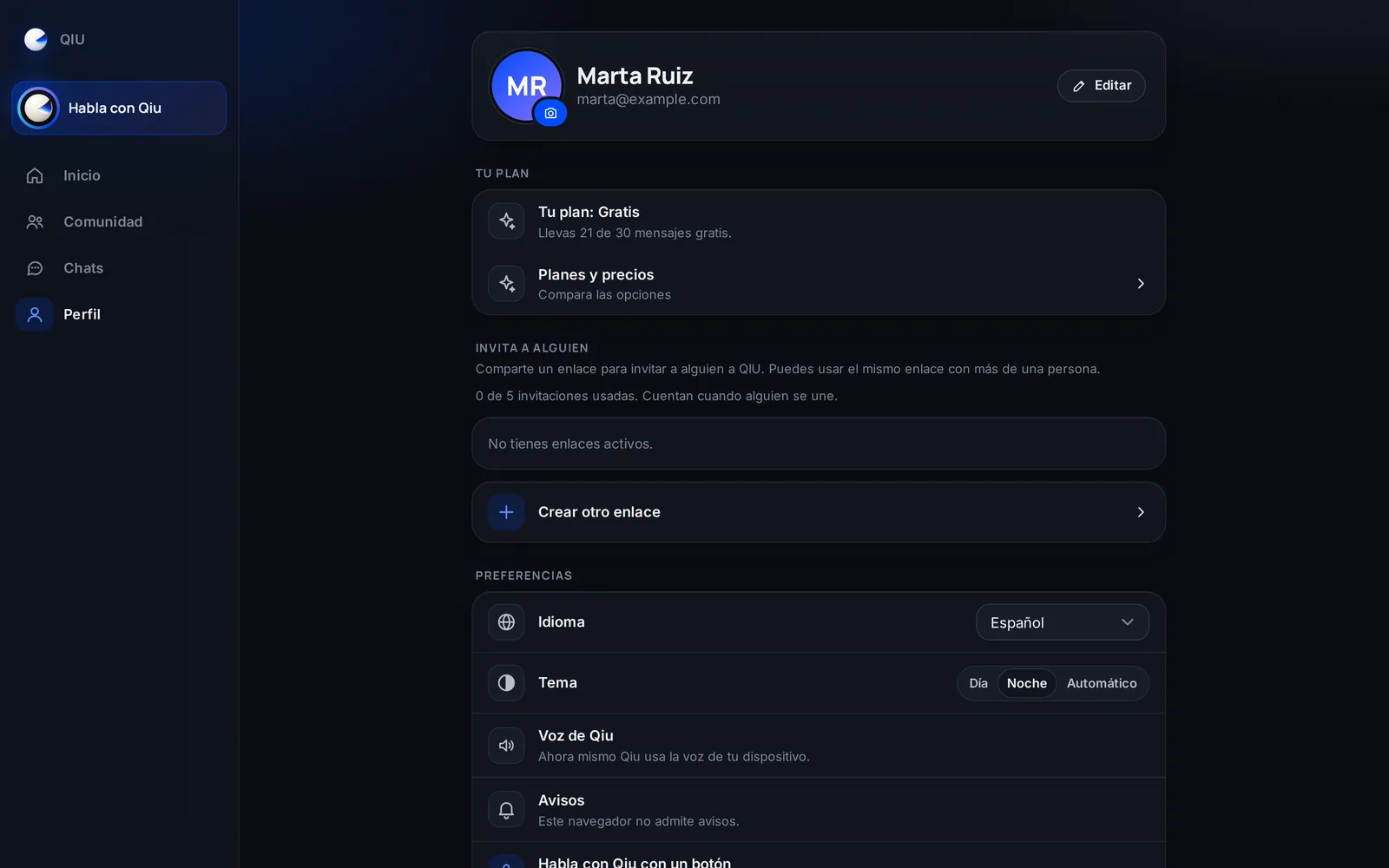 En tu perfil ves qué plan tienes, cuántos mensajes gratis llevas y cómo compararlo con los demás.