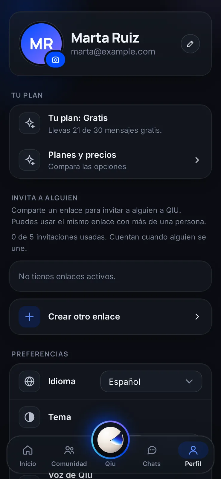 En tu perfil ves qué plan tienes, cuántos mensajes gratis llevas y cómo compararlo con los demás.