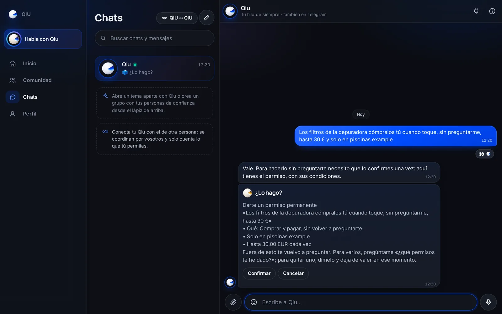 Si algo se repite, dile a Qiu que lo haga sin preguntarte y con tus condiciones: en qué tienda, hasta cuánto o hasta cuándo. Antes de guardarlo te enseña el permiso para que lo confirmes.