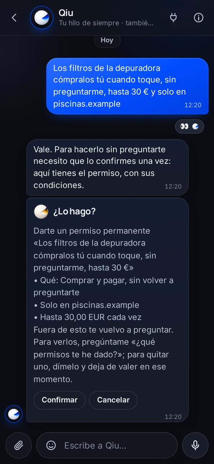 Si algo se repite, dile a Qiu que lo haga sin preguntarte y con tus condiciones: en qué tienda, hasta cuánto o hasta cuándo. Antes de guardarlo te enseña el permiso para que lo confirmes.