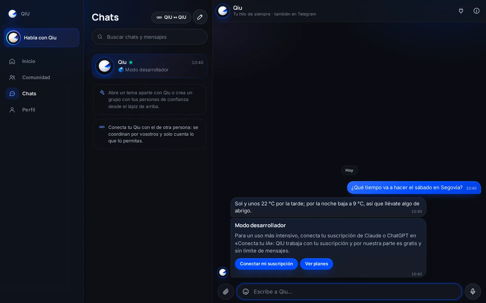 Cuando ya llevas unos cuantos mensajes, Qiu te sugiere conectar tu suscripción de Claude o ChatGPT para seguir sin límite y sin pagarnos nada.
