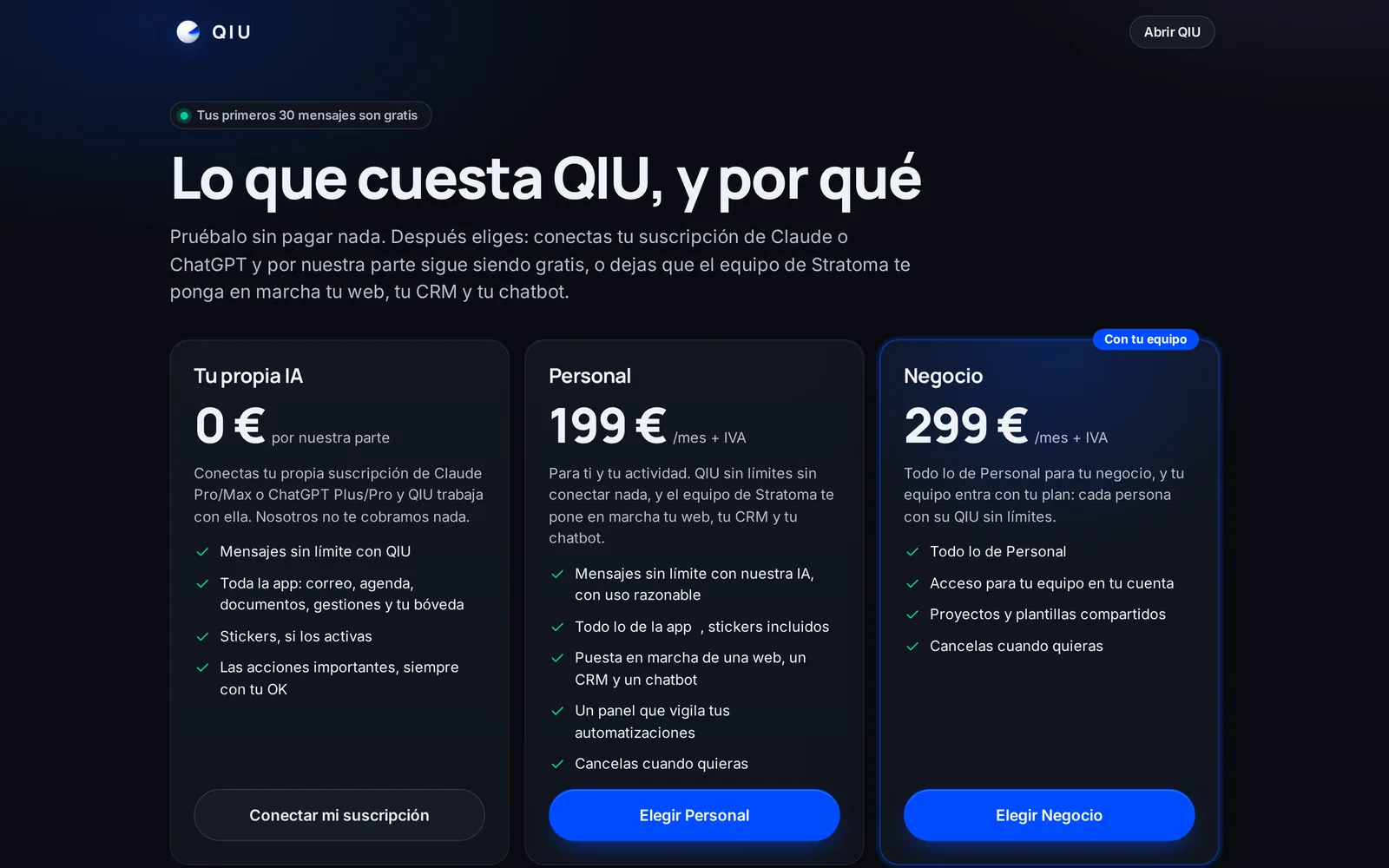 Una página con los tres caminos: tu propia IA sin coste por nuestra parte, el plan Personal o el plan Negocio para todo tu equipo.