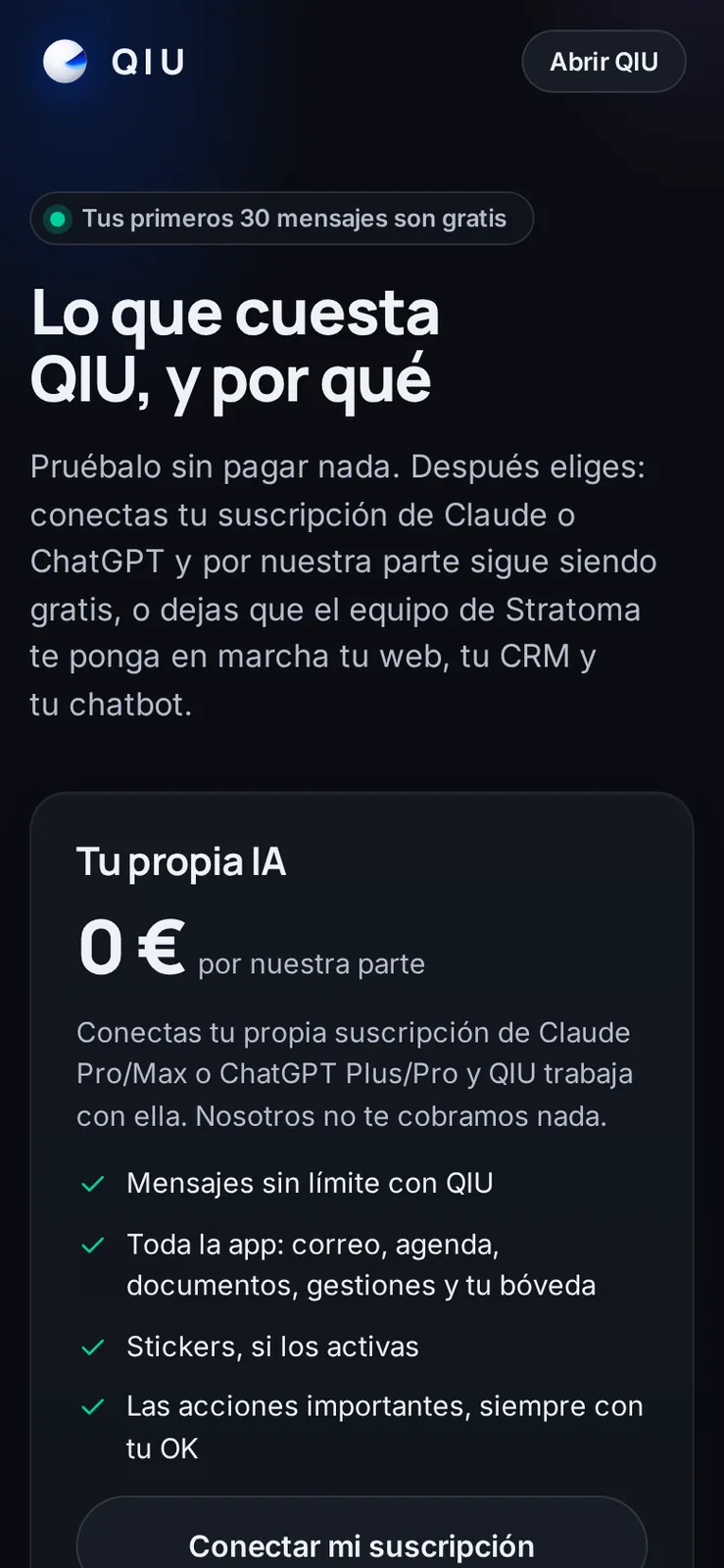 Una página con los tres caminos: tu propia IA sin coste por nuestra parte, el plan Personal o el plan Negocio para todo tu equipo.