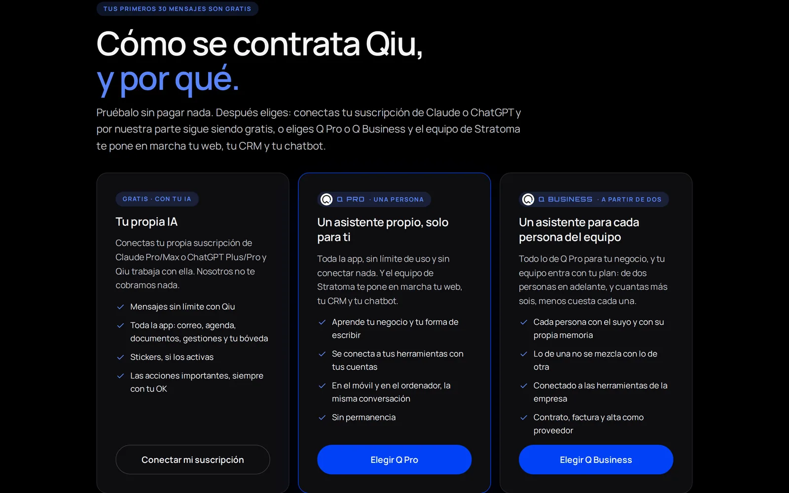 Tres formas de usar Qiu: gratis con tu propia suscripción de Claude o ChatGPT, Q Pro para una persona o Q Business para todo tu equipo. Y los primeros 30 mensajes son gratis.