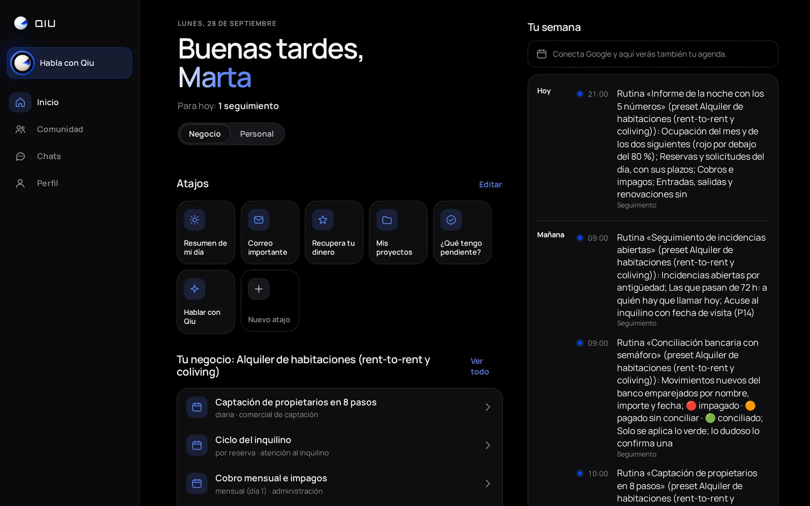 Al aplicar el preset, Inicio se llena con las rutinas de tu sector (aquí, alquiler de habitaciones). Con Q Business, Qiu las lanza sola a su hora; con un toque, le encargas cualquiera.